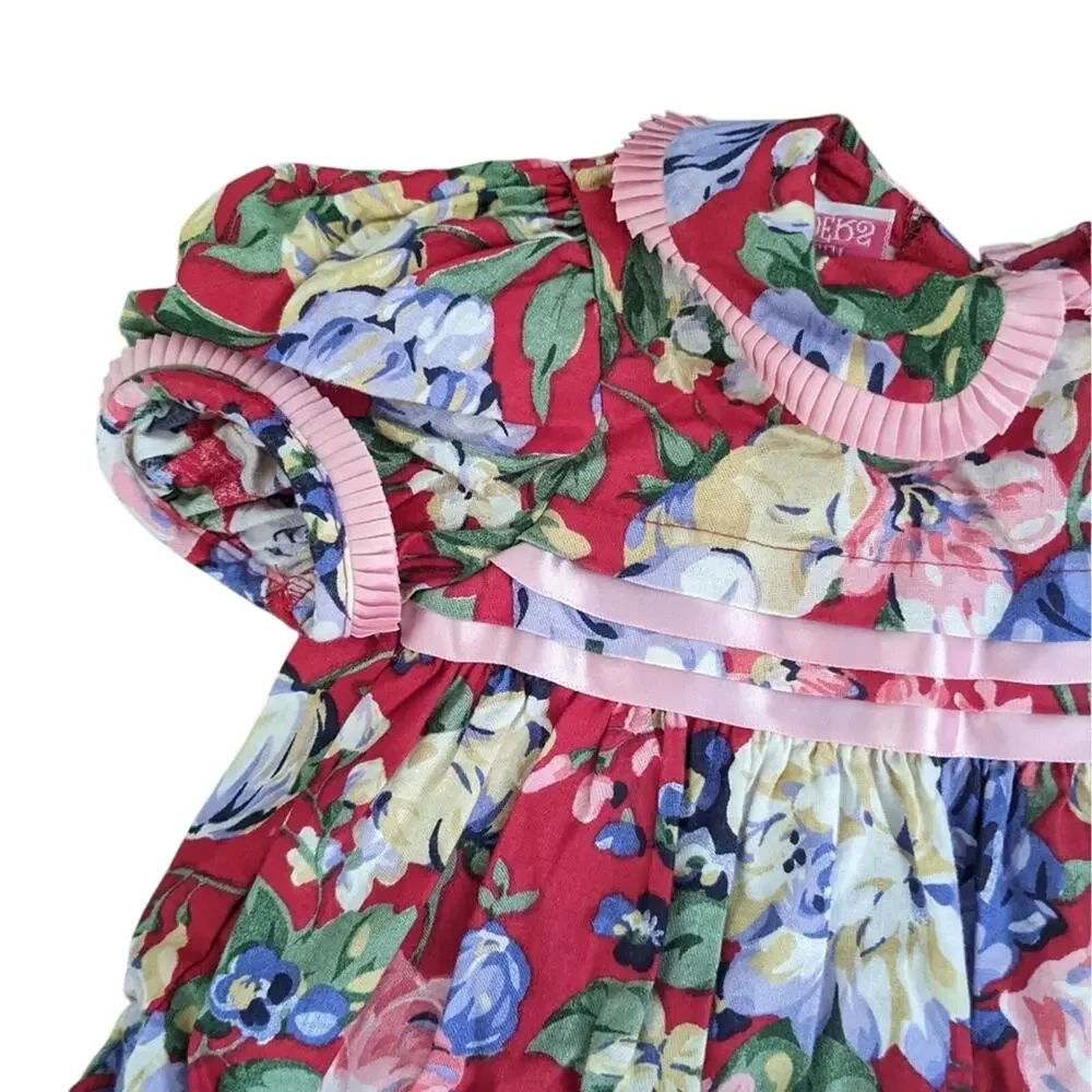 Vintage Girls Polly Flinders 18M 80s Red Pink Floral Babydoll Style Dress EUC